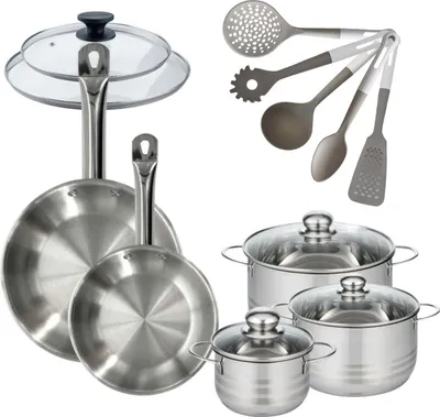 Image de Batterie de cuisine avec 3 faitouts 16/20/24 cm et 2 poêles 24/28 cm avec 7 ustensiles de cuisine Fackelmann Etherna Brillant Vario avec couvercles
