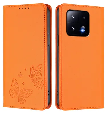 Image de Étui en cuir pour Xiaomi 13 Pro, motif papillon, étui portefeuille à rabat avec support, orange