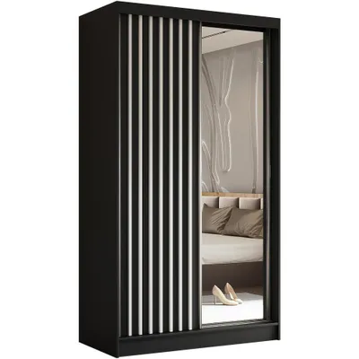 Produktbild von Schwebetürenschrank HELIX 120cm Schwarz/Weiß – 2-türig, Kleiderschrank mit Lamellen & Spiegel & Schiebetüren