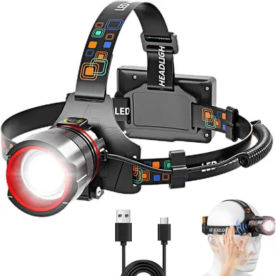 Produktbild von 90000 Lumen wiederaufladbare Stirnlampe, Stirnlampen – 12000mAh, USB Ausgang, 6 Modi, IPX7 – Für Camping, Laufen, Reparatur & Notfall