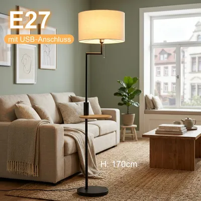 Produktbild von Stehleuchte mit USB-Anschluss & Tisch - Moderne Standleuchte Holz Bambus & Schwarz, Stoffschirm Leinenoptik, Bogenlampe mit Kettenzug Schalter 170 cm.
