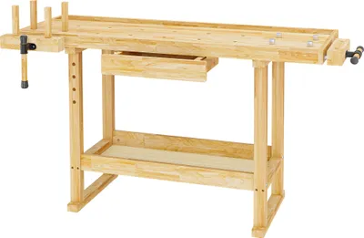 Produktbild von Pracovný stôl Wiltec 151 x 61,5 x 86 cm z dreva, pracovný stôl z kaučukového dreva, pracovný stôl s nosnosťou až 150 kg, stôl na náradie so zásuvkou a svorkami