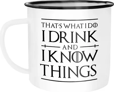 Produktbild von Emaille Tasse Becher Kaffeetasse Spruch I drink and i know things Geschenkidee und Bürotasse Moonworks® weiß-schwarz unisize