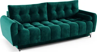 A dark teal sofa is shown against a white background.