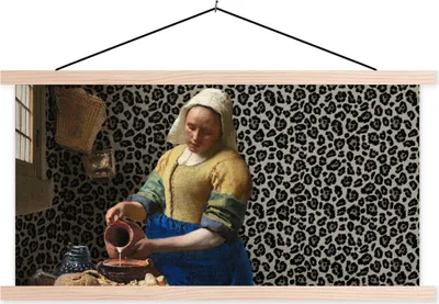 Produktbild von MuchoWow® Textilposter Milchmädchen - Kunst - Pantherdruck - Vermeer - Gemälde - Alte Meister 120x60 cm mit holzfarbenen Rahmen - Klemmleiste