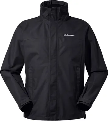 Schwarze Hardshelljacke für Herren von Berghaus; Modell RG Alpha 2.0; mit Stehkragen und langen Ärmeln.