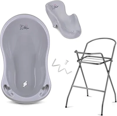 Produktbild von Baby Badewanne mit Gestell 4 Set Rheinland Babybadewannen + Baby Badewannensitz +Abfluss + Gestell - Babywanne mit Ständer Baby Pflegeset für Neugeborene.