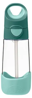 A teal and green drinking bottle with a straw.