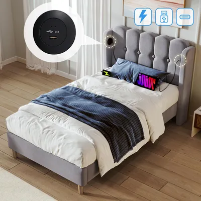 Zdjęcie produktu dla Łóżko tapicerowane 90x200 cm z portami USB i Type-C, łóżko młodzieżowe/dziecięce z listwami, łóżko pojedyncze drewniane, łóżka klasyczne, lniane, szare