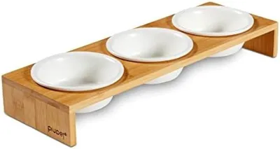 Produktbild von PolkaHome® Erhöhter Dreifach-Napf für Haustiere – Keramiknäpfe mit Bambusgestell, 41 x 13 x 5 cm, Braun/Weiß