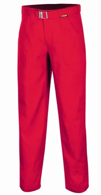 A pair of red work pants is shown against a white background.