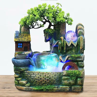 Image de Desktop Fontaine d'intérieur Fengshui Ornament Fontaine Rockery Waterfall Décor Lumière LED + Pulvérisation