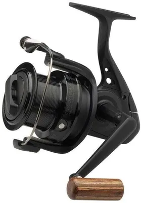 A black fishing reel with a wooden handle is shown against a white background.