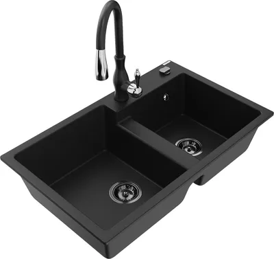 Produktbild von Mexen Tomas 2-Becken-Granitspüle mit Mischbatterie Savita, Schwarz - 6516-77-672601-70-B