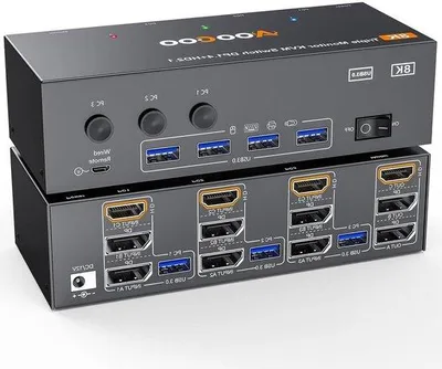 Obrázek produktu pro Přepínač pro tři počítače – přepínač monitorů – správa více počítačů – podpora tří monitorů – 4K při 144 Hz/8K při 60 Hz – černý