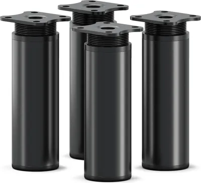 Four black cylindrical furniture legs with mounting plates.