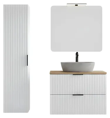 Immagine prodotto di Set da bagno NOXERA – Mobiletto sotto lavabo con lavabo effetto marmo, colonna sospesa, specchio e lampada LED