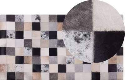 Produktbild von BELIANI Teppich Braun mit Beige Kuhfell rechteckig 80 x 150 cm Kurzflor Patchwork geometrisches Muster Kariert Wohnzimmer Schlafzimmer Esszimmer