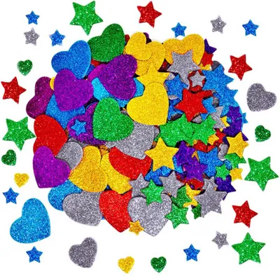 Produktbild von 300 Stück Glitzernde Schaumstoff Aufkleber, Bunte Sterne Herz Sticker Kinder Moosgummi Glitzer Basteln Selbstklebende Sterne Herz Glitzer Sticker für Kunsthandwerk
