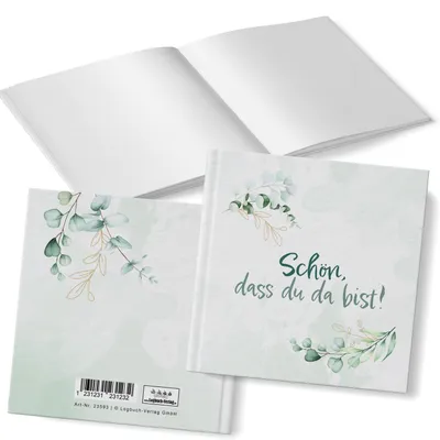 Produktbild von Gästebuch Schön, dass du da bist Eukalyptus grün weiß leeres Buch Hochzeit 18 x 18 cm