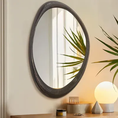 Image de Miroir mural, cadre en bois, 70x50 cm, design asymétrique, style rétro, couleur foncée