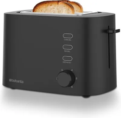 A black Brabantia toaster with two slices of toast in it, shown from a front-side angle on a white background.