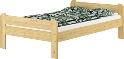 A wooden single bed with bedding.