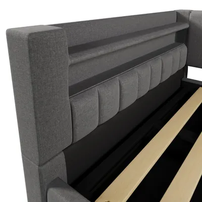 Produktbild von Flieks Hydraulisches Polsterbett 140x200cm mit Led, Tagesbett Schlafsofa mit Ladeanschlüssen, Daybed Stauraumbett Doppelbett mit Ablagen, Leinen, Grau