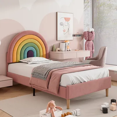 Image de Sweiko Lit rembourré (lit d'adolescent avec sommier à lattes), lit d'enfant avec tête de lit arc-en-ciel réglable, 90x200 cm, velours