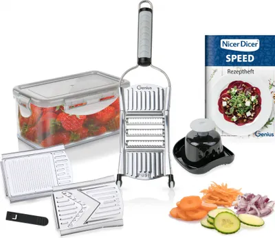 Produktbild von Genius Nicer Dicer Speed Set 9-tlg Multihobel - Verstellbarer V Hobel mit 3 Einsätzen, Schneidguthalter & Auffangbehälter 550ml; A34224