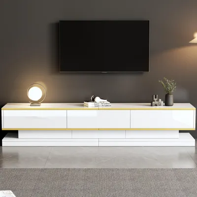 Productafbeelding van TV-meubel, 200 cm breed, 200x40x40 cm, met warmwit hoogglanz oppervlak, voorzien van 3 lades en een gouden rand, geschikt voor de woonkamer