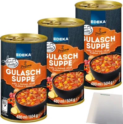 Produktbild von Edeka Gulaschsuppe kräftig im Geschmack mit viel Rindfleisch Kartoffeln und Gemüse 3er Pack (3x480ml Dose) + usy Block