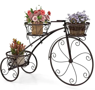 Immagine prodotto di Portap piante in metallo - Mensola a forma di bicicletta per fiori - 3 cesti - Ruote decorative - Adatto per interni ed esterni - Marrone