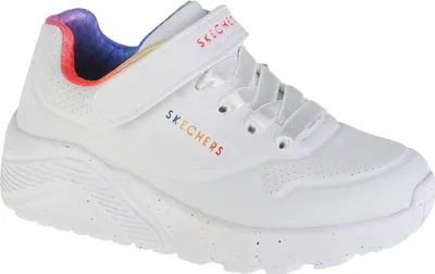 A single white Skechers Uno Lite sneaker with rainbow speckles on the sole and rainbow accents on the interior and logo.