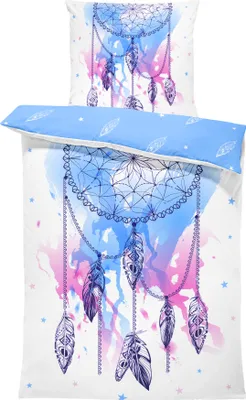 A folded duvet cover and pillowcase set with a dreamcatcher and feather design.