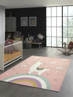 Zdjęcie produktu dla Dywanik dziecięcy „Lama, jednorożec i chmurki” w kolorze różowym – wymiary: 200 x 290 cm