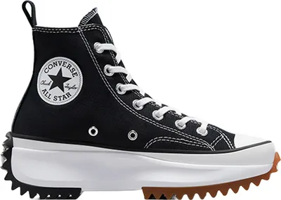 A black Converse Run Star Hike Hi sneaker with a white platform sole and brown rubber sole.