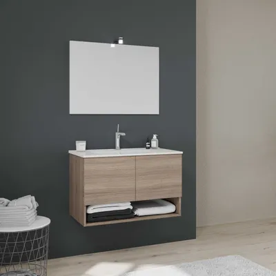 Immagine prodotto di Mobile bagno a parete in quercia naturale da 80 cm con ante | Venezia