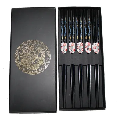 Produktbild von 045 Essstäbchen Geschenkset 5 Paar aus Bambus mit Dekor Drache schwarz
