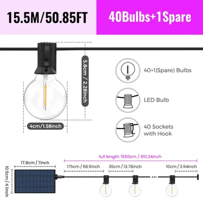 Image de Guirlande lumineuse solaire - Guirlande G40 - 15,5 mètres - 41 ampoules LED - Lumière blanche chaude - Télécommande - 8 modes clignotants - Intensité réglable
