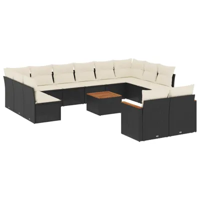 Produktbild von Garten-Lounge-Set 13-tlg., modular, Poly Rattan, Akazienholz-Tischplatte, Stauraum, wasserabweisende Kissen, UV-beständig, Schwarz/Cremeweiß
