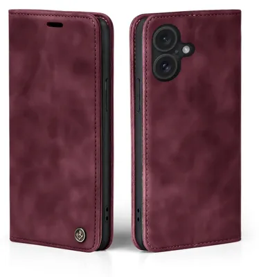 A burgundy flip case for a smartphone, shown from the front and back.