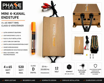 Produktbild von Phase Linear Mini 4-Kanal Class-D Endstufe 4 x 65 Watt RMS – Ultra kompakter Digital-Verstärker, KI-generiertes Bild
