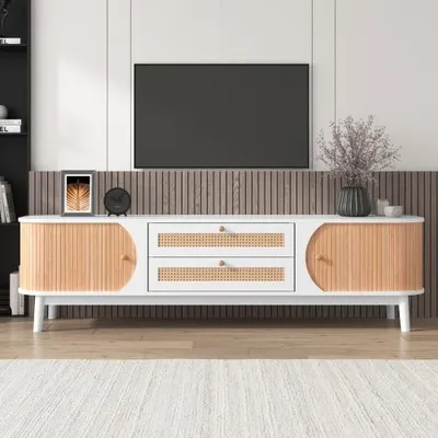 Immagine prodotto di Credenza TV AIORBER 170 cm in stile rustico naturale con frontali in legno, cassetti in rattan, ante e spazio di archiviazione - legno bianco