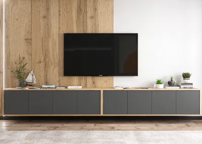 Produktbild von 2 Stk Hängende TV-Schrank 2 x Apollo 2 MAT 300 TV Hängeschränke Hängend Modern Lindner Möbel 300cm x 39cm x 35cm Farbe: Wotan Eiche - graphit matt