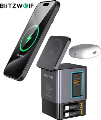 Obrázok produktu pre Blitzwolf BW-i116 Max 105W 6 v 1 stolová nabíjacia stanica GaN Dual Type-C Cable USB-A USB-C 2 v 1 bezdrôtová nabíjačka pre iPhone a smartfóny