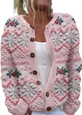 Produktbild von ASKSA Damen Weihnachts Strickjacke Weihnachtsjacke Weihnachten Cardigan Reindeer Weihnachtsmann Weihnachtspullover Sweat,C-Rosa,XL