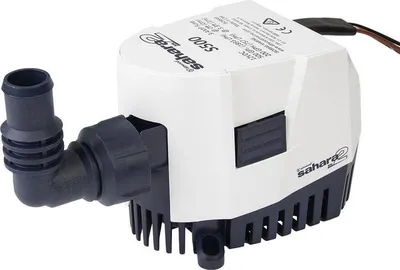 A white and dark gray automatic bilge pump with a black elbow fitting and hose adapter.