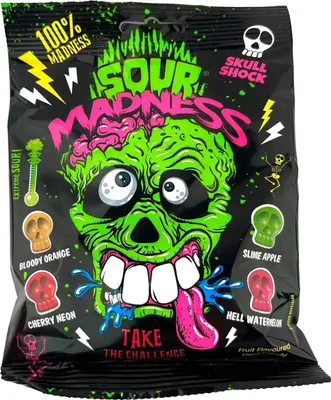 A bag of Sour Madness candy with a zombie graphic.
