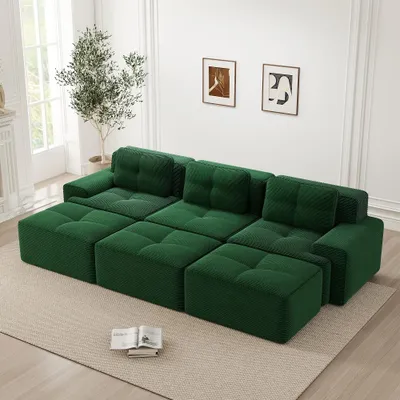 Zdjęcie produktu dla Modułowa narożna sofa Cord, kolor zielony, 3-osobowa sofa z funkcją spania oraz 3 pufy, bezramowa konstrukcja, odporna na zarysowania, wymiary: 293x177x69 cm